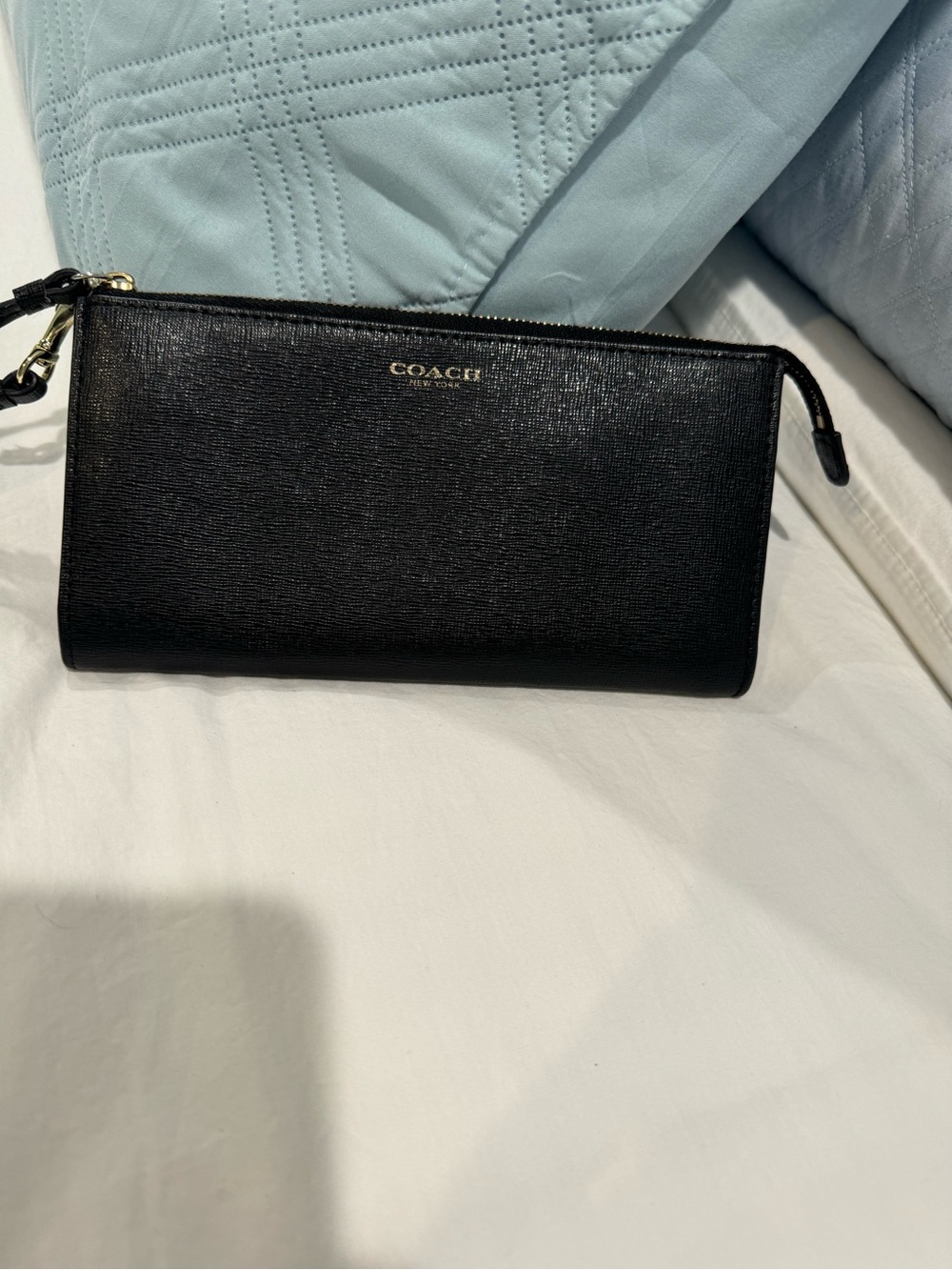 Coach Black Saffiano Leather Wristlet Pouch with Gold Logo